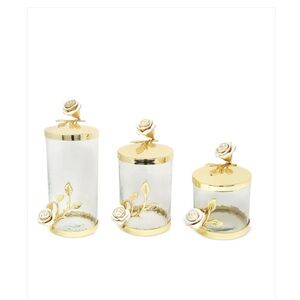 Elegant Gold and White Rose Glass Jars